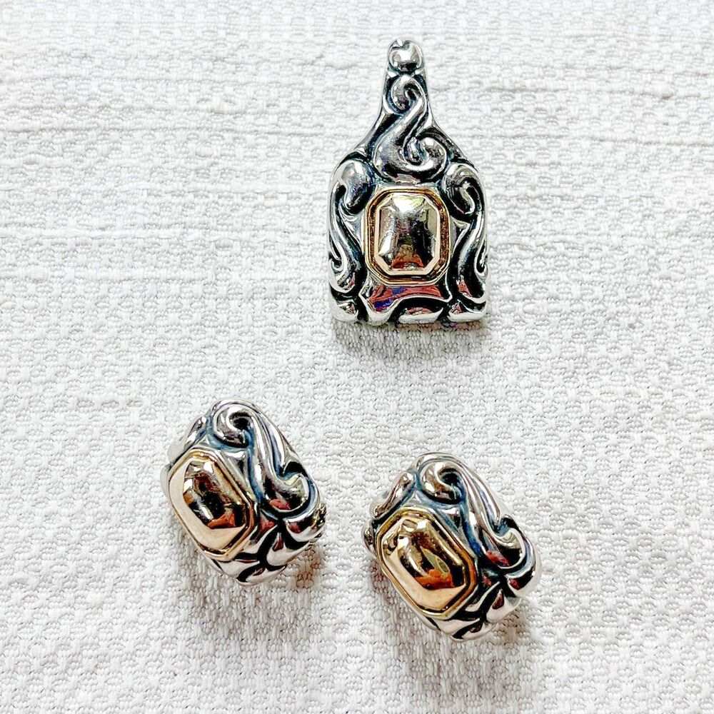 Vintage JC John Candice Silver & Gold Tone Pierced Earrings & Pendant Set